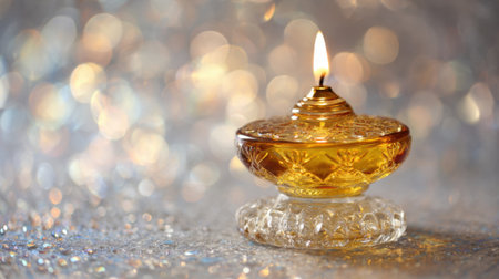 An ornate oil lamp radiates warmth with its flickering flame. It stands on a textured surface, surrounded by a shimmering, colorful backdrop during a celebration.の素材