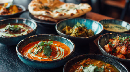 A variety of traditional Indian dishes are arranged on a wooden table at a cozy restaurant. The bowls feature rich curries, accompanied by naan bread and garnished with fresh herbs.の素材