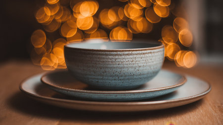 A blue ceramic bowl sits atop two matching plates on a wooden table. Soft, warm lights create a cozy atmosphere in the background, emphasizing a relaxed evening vibe.の素材