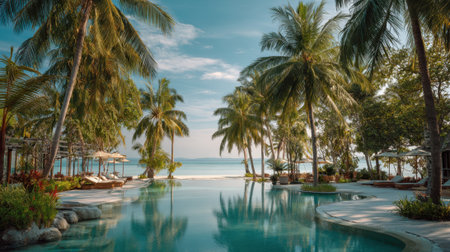A peaceful resort features a sparkling pool surrounded by lush palm trees and ocean views.の素材