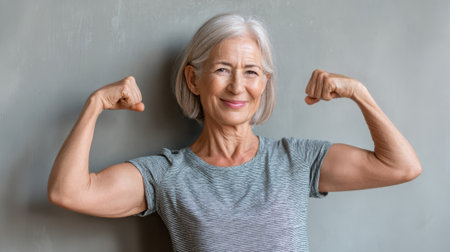 An energetic older woman proudly showing off her strong arms and smiling with joy.の素材