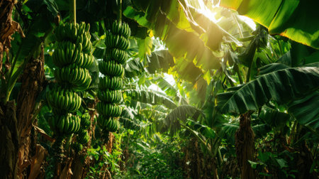Sunlight filters through banana leaves illuminating ripe bunches in a vibrant plantation.の素材