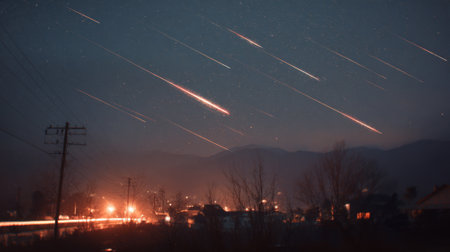 Bright meteor streaks across the dark sky above a calm village at night creating a stunning sight.の素材