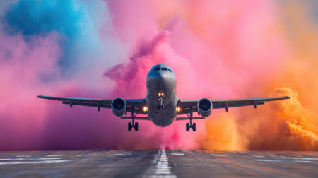 An airplane accelerates down the runway surrounded by vibrant clouds of colored smoke.の素材