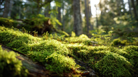 Soft green moss blankets logs as sunlight streams gently through tall trees in a peaceful forest scene.の素材