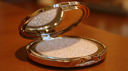 A stunning highlighter compact with sparkling powder reflects light on a smooth wooden surface.の素材