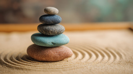 A skillfully balanced tower of stones stands atop softly contoured sand evoking peace and tranquility under warm light.の素材