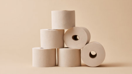 Several rolls of natural paper are stacked in a neat arrangement against a soft beige background. The focus highlights the texture and simplicity of the materials in a clean, modern way.の素材