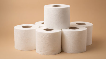 Six white paper towel rolls are neatly arranged in a circular pattern against a plain beige background, highlighting their clean appearance and practicality.の素材