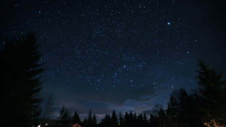 Twinkling stars fill the dark sky above a calm forest under the peaceful night.の素材