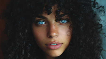 A young woman with vibrant blue eyes and thick curly hair gazes intently at the camera. Soft natural light highlights her facial features, creating a warm and inviting atmosphere.の素材
