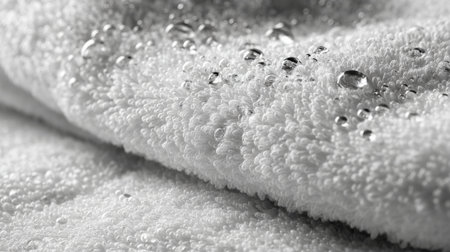 Soft white towel glistens with water droplets creating a fresh and inviting scene.の素材