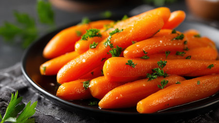 Bright orange carrots glisten with honey glaze topped with fresh green herbs ready to serve.の素材