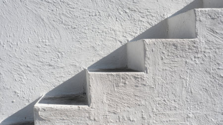 Soft shadows outline the steps of a simple staircase against a textured white wall.の素材