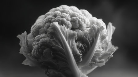 A detailed view of a cauliflower reveals its unique patterns and curves creating an artful composition.の素材