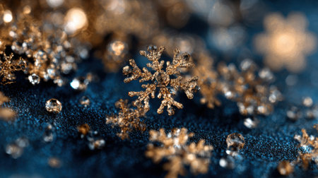Delicate golden snowflakes and sparkling crystals rest on a rich blue surface evoking winter charm.の素材