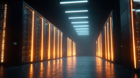 Bright orange lights line the sleek corridor of a modern server room filled with technology.の素材
