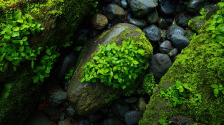 Green plants grow vibrantly on a moss covered rock amidst smooth stones near a calming stream.の素材