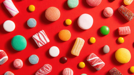 Vibrant colorful candies spread out on a vivid red surface create a playful and cheerful scene.の素材