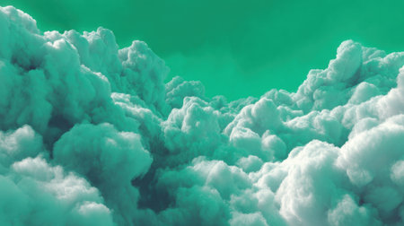 Fluffy green clouds float across the sky forming a surreal landscape that enchants viewers.の素材