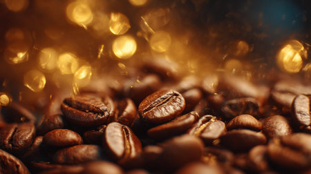 Coffee beans glisten warmly in the light capturing the essence of a perfect brew for enthusiasts.の素材