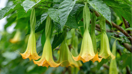 Yellow trumpet flowers dangle elegantly from lush green leaves in a vibrant garden scene.の素材