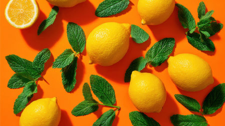 A bunch of lemons and mint leaves are spread out on an orange background. The lemons are arranged in a way that they look like they are peeling, and the mint leaves are scattered around themの素材