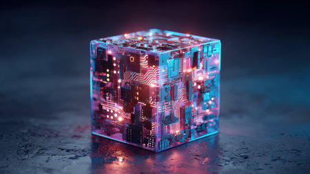 A glowing cube made of transparent material showcases complex circuits and vibrant lights in a dark setting.の素材