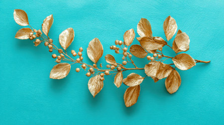Vibrant turquoise background showcases a branch with shimmering golden leaves and berries.の素材