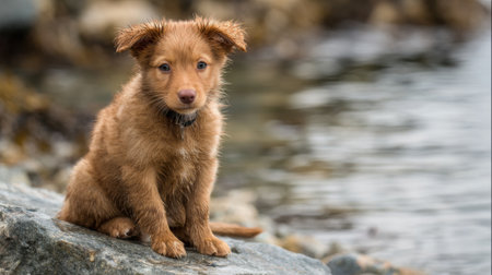 A small brown dog is sitting on a rock by a body of water. The dog appears to be looking at the camera, possibly curious or waiting for someone to come and play. The scene has a calmの素材