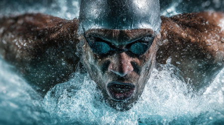 A focused swimmer creates splashes while training in a pool showcasing strength and determination.の素材