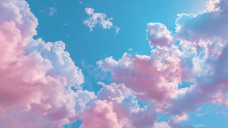 A beautiful display of fluffy pink clouds under a clear blue sky creates a peaceful atmosphere.の素材