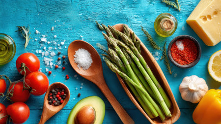 A wooden bowl filled with vegetables and spices sits on a blue table. The bowl contains asparagus, tomatoes, and a lemon. The table is also topped with a bottle of olive oil, a jar of saltの素材