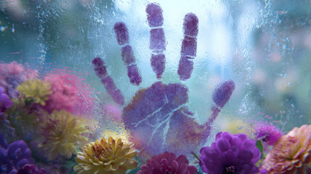 A vibrant handprint on wet glass reveals colorful flowers beyond symbolizing beauty and life.の素材