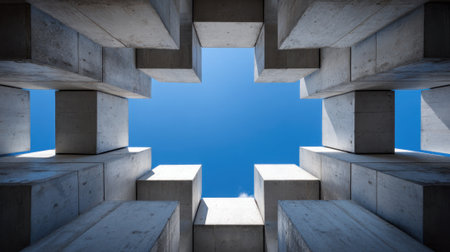 Looking up through a grid of concrete shapes reveals a bright blue sky and white clouds.の素材