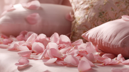 Delicate rose petals cover a soft bed creating a serene and romantic setting with elegant pillows.の素材