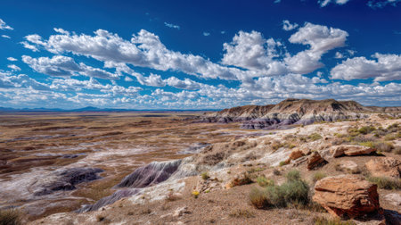 Expansive desert scene showcasing colorful rock formations and vibrant cloudsの素材