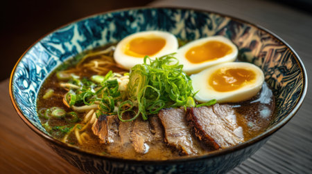 Enjoy a delicious bowl of ramen filled with rich flavors tender meat and soft boiled eggs.の素材