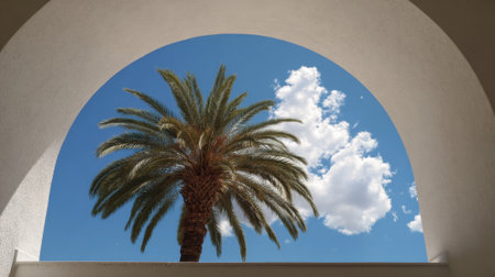 Palm tree stands tall inside an arch surrounded by a bright blue sky and fluffy white clouds.の素材