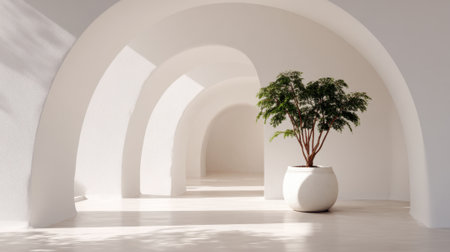 Soft light filters through elegant arches highlighting a single plant in a minimalistic indoor environment.の素材