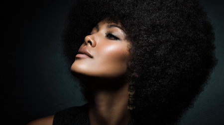 A stunning woman poses elegantly her afro filled with texture and beauty under soft lighting.の素材