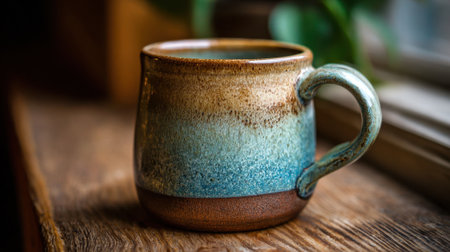 Sunshine filters through a window highlighting a beautifully crafted ceramic mug on a rustic table.の素材