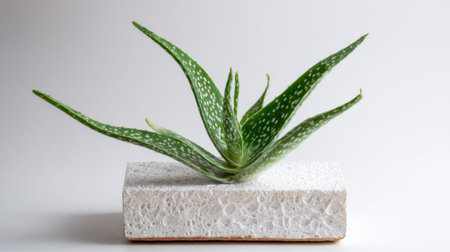 Aloe vera stretches its vibrant leaves atop a textured block adding a touch of nature to the serene space.の素材