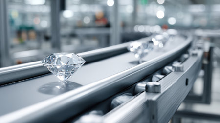 Shiny diamonds move along a conveyor belt in a modern workshop reflecting light beautifully.の素材