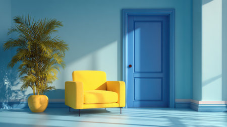 A vibrant yellow armchair is positioned in a serene blue room filled with natural light.の素材