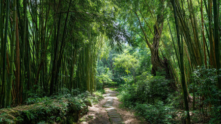 A peaceful path threaded through tall bamboo surrounded by vibrant greenery under soft sunlight.の素材