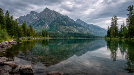 Mountains tower over a peaceful lake their reflection creating a stunning view at dawn.の素材