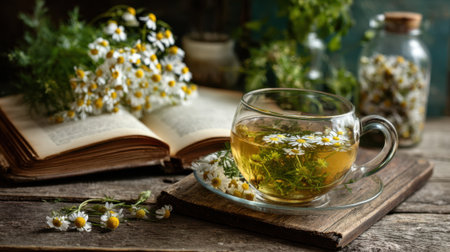 Warm chamomile tea steams softly next to a collection of flowers and an open book.の素材