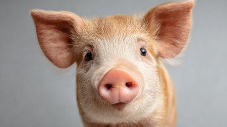 A tiny adorable piglet looks directly at the camera with a playful expression showing curiosity.の素材