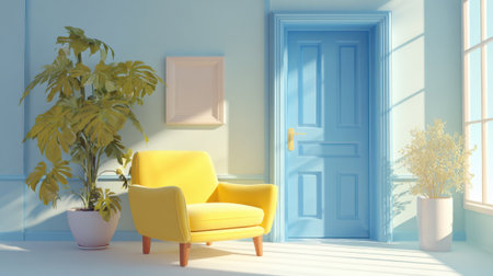 A cozy room showcases a yellow chair beside a lush plant and a vibrant blue door under sunlight.の素材